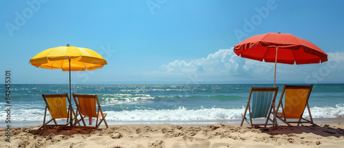 Sunny Beach Relaxation: Tanning on Lounge Chairs Under Umbrellas in Summer Paradise