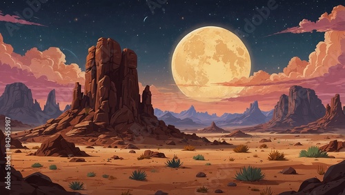 Space desert with rocky formations and colorful sky for adventure game backgrounds. 2d style