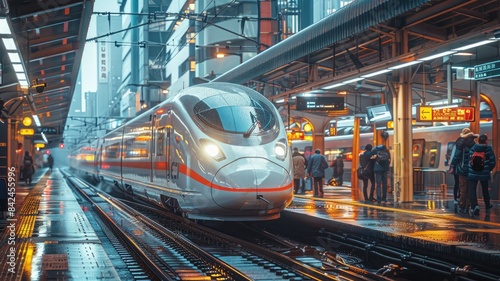 A train is traveling down a track in a city