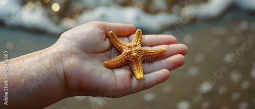 a close-up view of a person holding a starfish on a sandy beach. The person's hand is gently cradling the starfish, its five arms radiating outwards like a delicate star. The starfish is a vibrant ora