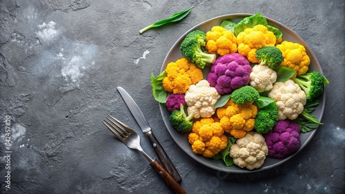 A plate of colorful cauliflower florets and green cabbage leaves, arranged on a gray concrete background, with forks beside them, cauliflower, cabbage, vegetables, plate, forks, grey