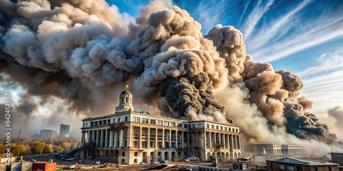 A plume of smoke billows skyward from the devastated remains of a government building, the aftermath of a massive explosion, explosion, government building, smoke, debris, fire