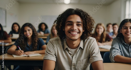 Happy college student during a lecture in the classroom looking at camera.