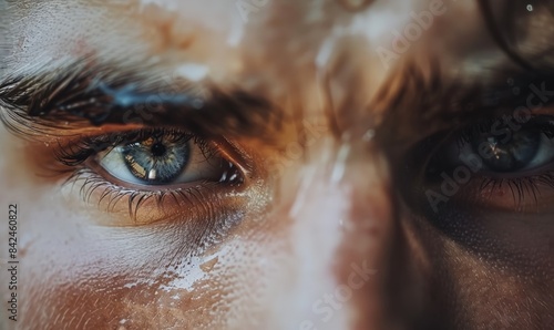 Close-up on the eyes of a male teenager athlete with sweats showing power