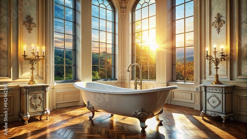 A grand, clawfoot bathtub, its porcelain gleaming with age, sits in a lavishly appointed palace bathroom, sunlight streaming through ornate windows, vintage bathtub, palace bathroom