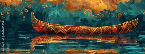 Illustration of a traditional Pacific Islander canoe with patterns reflecting the sea and navigation.