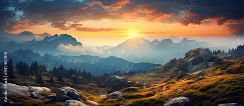 Mountain sunset scene with autumn colors, perfect for a copy space image.