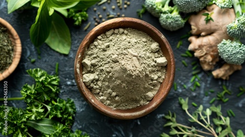 Tinospora cordifolia powder in a handcrafted wooden bowl, surrounded by fresh herbs, detailed and vibrant composition