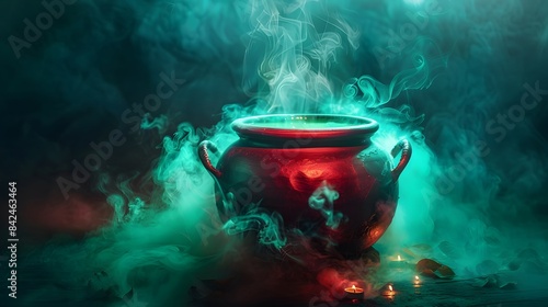A green cauldron with smoke and glowing liquid inside, on a halloween background 