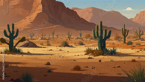 Natural background of the African desert with layers prepared for game animation tumbleweed drifting across an African natural environment of sand, cactus, and rocks in a hot,. 2d style