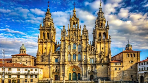 The iconic Santiago de Compostela Cathedral in Galicia, Spain, stands tall with its intricate facade, soaring spires