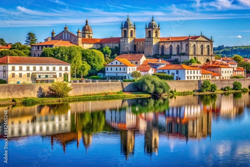 The calm waters of the Ave River flow through Vila do Conde, Portugal, with the historic Santa Clara Monastery rising majestically in the background, river ave, vila do conde