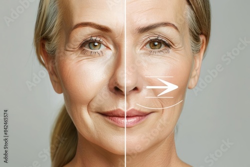 The results of a cosmetic procedure for lifting and tightening sagging skin and diminishing fine lines. A before and after effect.