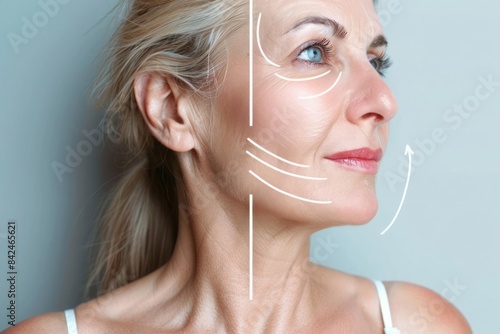 The results of a cosmetic procedure for lifting and tightening sagging skin and diminishing fine lines. A before and after effect.