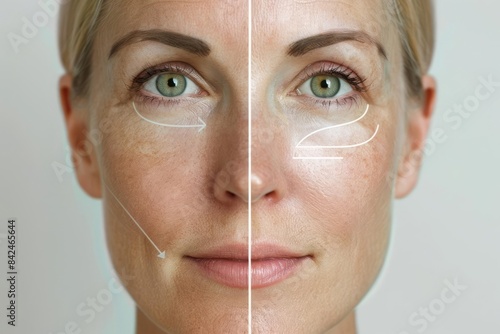 The results of a cosmetic procedure for lifting and tightening sagging skin and diminishing fine lines. A before and after effect.