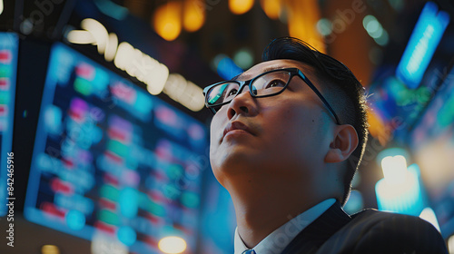 A closeup shot of an Asian man in glasses and suit, with his head tilted upwards as he looks up at the stock trading board on Wall Street.