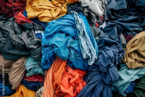 A pile of used clothing and textiles being sorted for recycling or donation addressing the issue of fashion waste