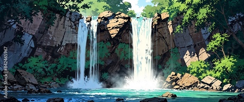 Beautiul anime-style illustration of a hidden waterfall. Anime style