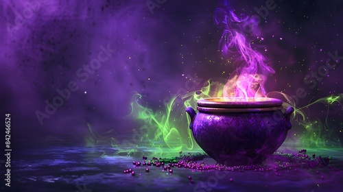 A purple and green cauldron with smoke and glowing liquid inside, on a halloween background