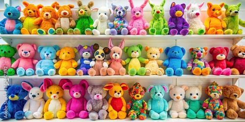 A vibrant collection of colorful plush toys arranged on white shelves, creating a visually appealing and whimsical display, colorful plush toys, white shelves, toy collection, whimsical