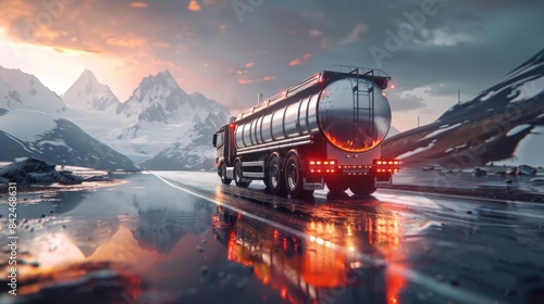 Tanker Truck Driving Through Snowy Mountain Pass at Sunset