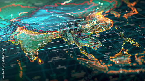 Advanced digital map of South Asia displaying interconnected data streams and cyber technology hubs