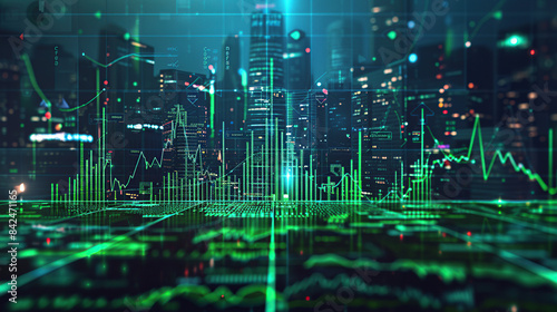 modern financial stock market background in the style of green trading chart and cityscape