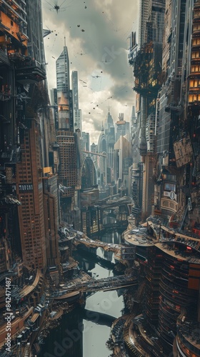 Flipped urban landscapes, multiple cities in layered dimensions, decaying and futuristic cities, sci-fi style, paradoxical space, Inception inspired, ultra quality, cinematic lighting, architectural v