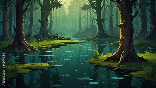 Parallax background swamp in forest, 2d landscape oozy green water pond in deep wood Ui interface or wallpaper with cartoon nature Computer adventure game, fantasy mystic wild lake,. 2d style