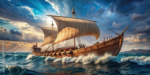 A majestic Roman bireme sails through the Mediterranean Sea, its oars churning the water and its sails billowing in the wind, as it embarks on an exploratory voyage to distant shores