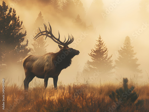 A majestic elk stands bugling in the misty morning light, with trees in the background.