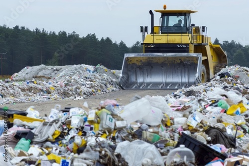 A large landfill site with a background of waste management machinery in operation