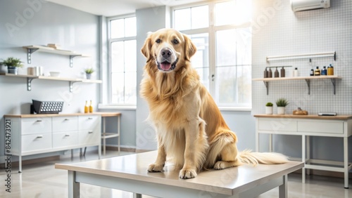 A serene modern veterinary clinic backdrop features a healthy golden retriever dog sitting calmly on an examination table, awaiting its check-up visit.