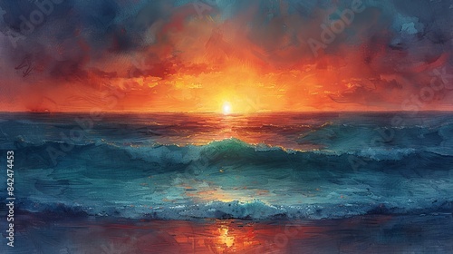 seaview at the gold hour, sunrise or sunset view, warm colors, blue and orange in abstraction painting method, watercolor painting style, 
