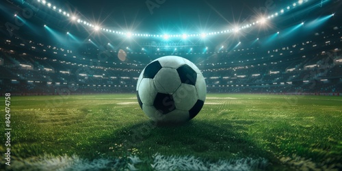 Cinematic photo of football ball placed on green lush soccer stadium illuminated by spotlight in evening.
