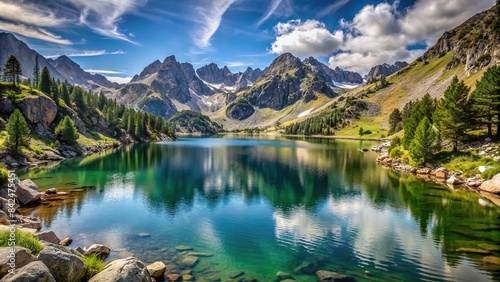 A breathtaking panoramic vista of Llac del Circ de Colomers, a pristine alpine lake nestled amidst the towering peaks of the Pirineus mountains in Catalonia, Spain