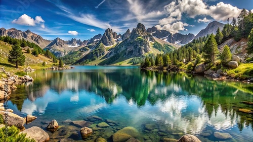 A breathtaking panoramic vista of Llac del Circ de Colomers, a pristine alpine lake nestled amidst the towering peaks of the Pirineus mountains in Catalonia, Spain