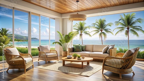 Tropical coastal cottage living room interior with rattan furniture and ocean views, tropical, coastal, cottage, living room, interior, rattan, furniture, ocean, views, tropical plants