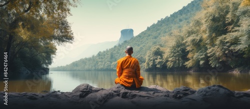 Buddhist monk meditating by a river with stunning natural scenery in the backdrop, with copy space image.