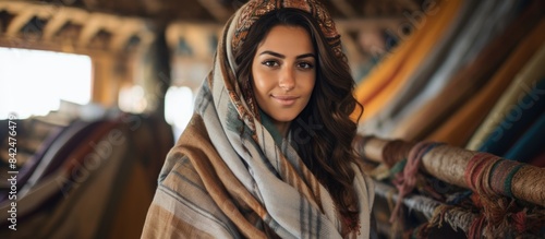 In Riyadh, Saudi Arabia, a woman in traditional attire creates handmade crafts with a background of a blank area for text or image, known as a copy space image.