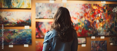A woman explores art at an exhibition, museum, or artist studio, focusing on abstract paintings, culture, or potential artwork purchase, with a copy space image.