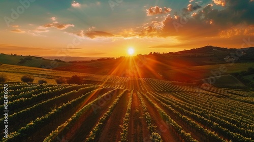 A stunning sunset over a lush green agricultural farmland with rows of crops and a scenic rural landscape.