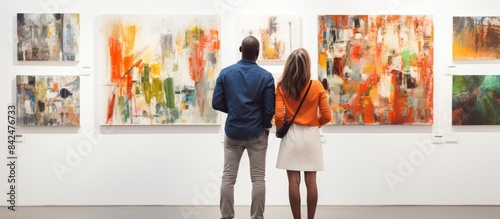 Intercultural visitors in an art gallery, standing before a wall of paintings, one taking a photo of an abstract image; includes copy space image.