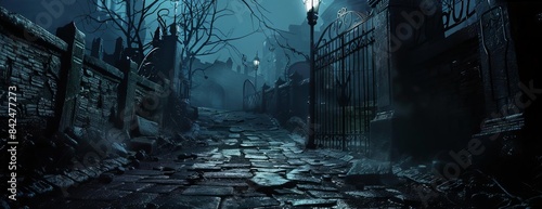 Creepy alleyway seen from a worms-eye view, cracked pavement, twisted iron gate, ominous shadows cast by broken streetlights, photorealistic rendering, night setting, moody atmosphere