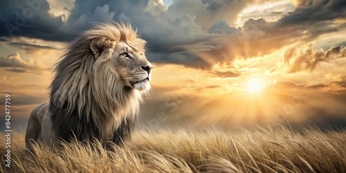 A majestic black and white lion, its mane flowing in the wind, roars with raw power amidst the sun-drenched savanna, black lion, white lion, lion roar, king of the jungle, lion pride