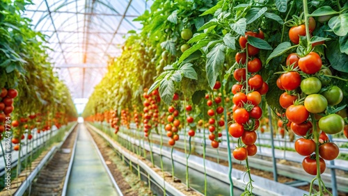 A lush tomato plant thrives in a hydroponic system inside an eco-friendly greenhouse, showcasing efficient drip irrigation technology, hydroponics, greenhouse, tomato plant