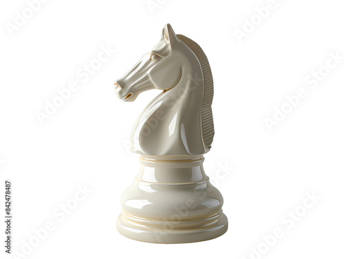 White chess knight piece isolated on a white background, perfect for board game enthusiasts and strategy game illustrations.