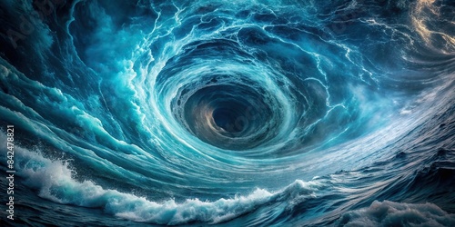 A swirling vortex of churning water, the abyssal maw of the ocean, dark and fathomless, pulling everything in its path towards an unknown fate, ocean, whirlpool, vortex, abyss, deep sea