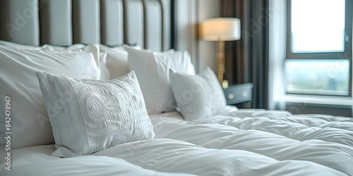 Closeup of white pillows on a hotel bed showcasing luxury bedroom decor. Concept Luxury Bedroom Decor, Hotel Interior Design, White Pillows, Close-up Photography, Elegant Home Furniture