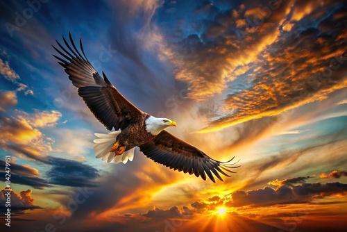 Bald Eagle bird flying above dramatic sunset sky, symbolizing freedom and strength, Bald Eagle, bird, flying, clouds, sunset, dramatic, sky, freedom, high, evening, sunset sky, majestic